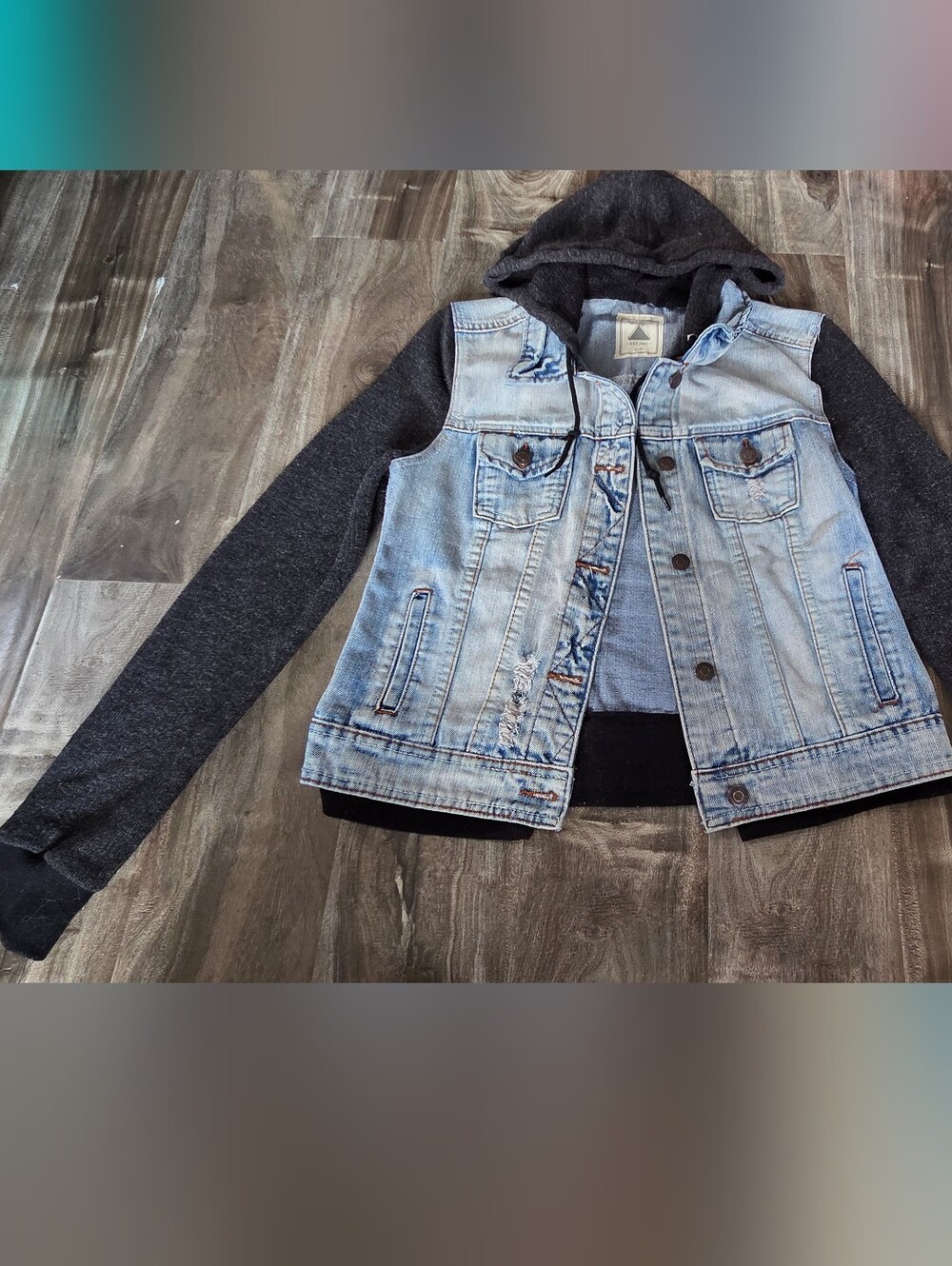 Ardene Two-Tone Jean Jacket with Charcoal Knit Hood & Sleeves